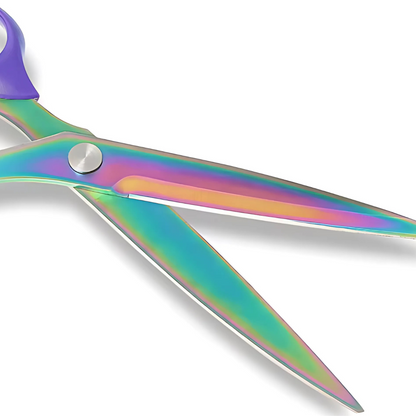 A close-up of Professional Fabric Scissors 8" with a metallic rainbow finish and purple handle, ideal for precision quilting, displayed on a white background.