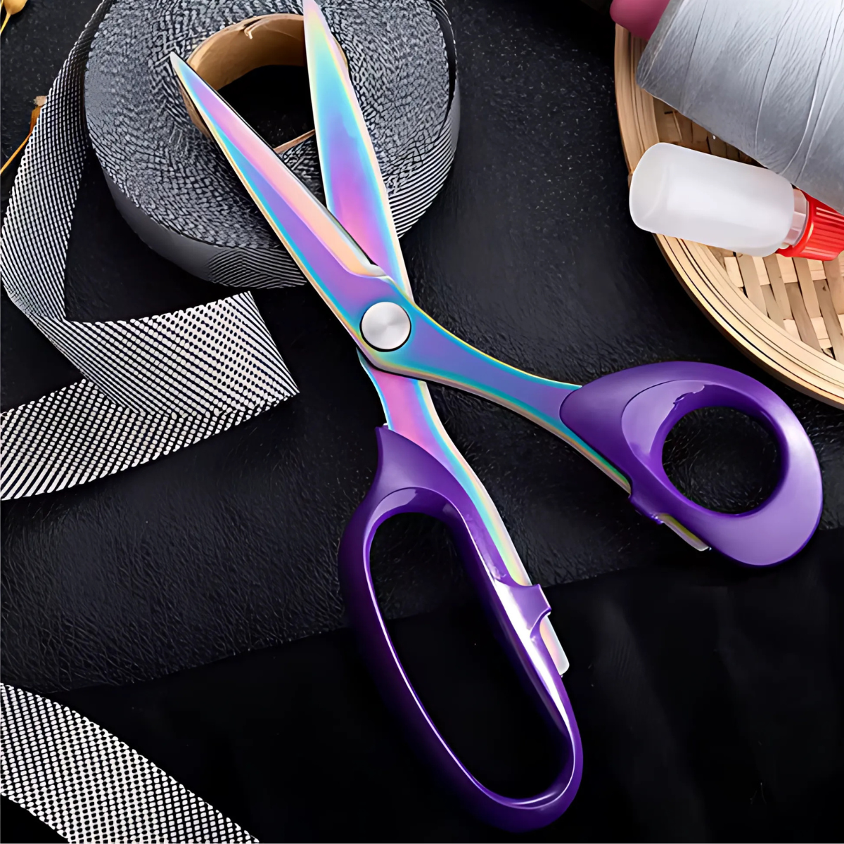The Professional Fabric Scissors 8" with rainbow-colored blades and purple handles rest on a black surface with ribbon, tape, and other sewing supplies—ideal for precise cutting in quilting projects.