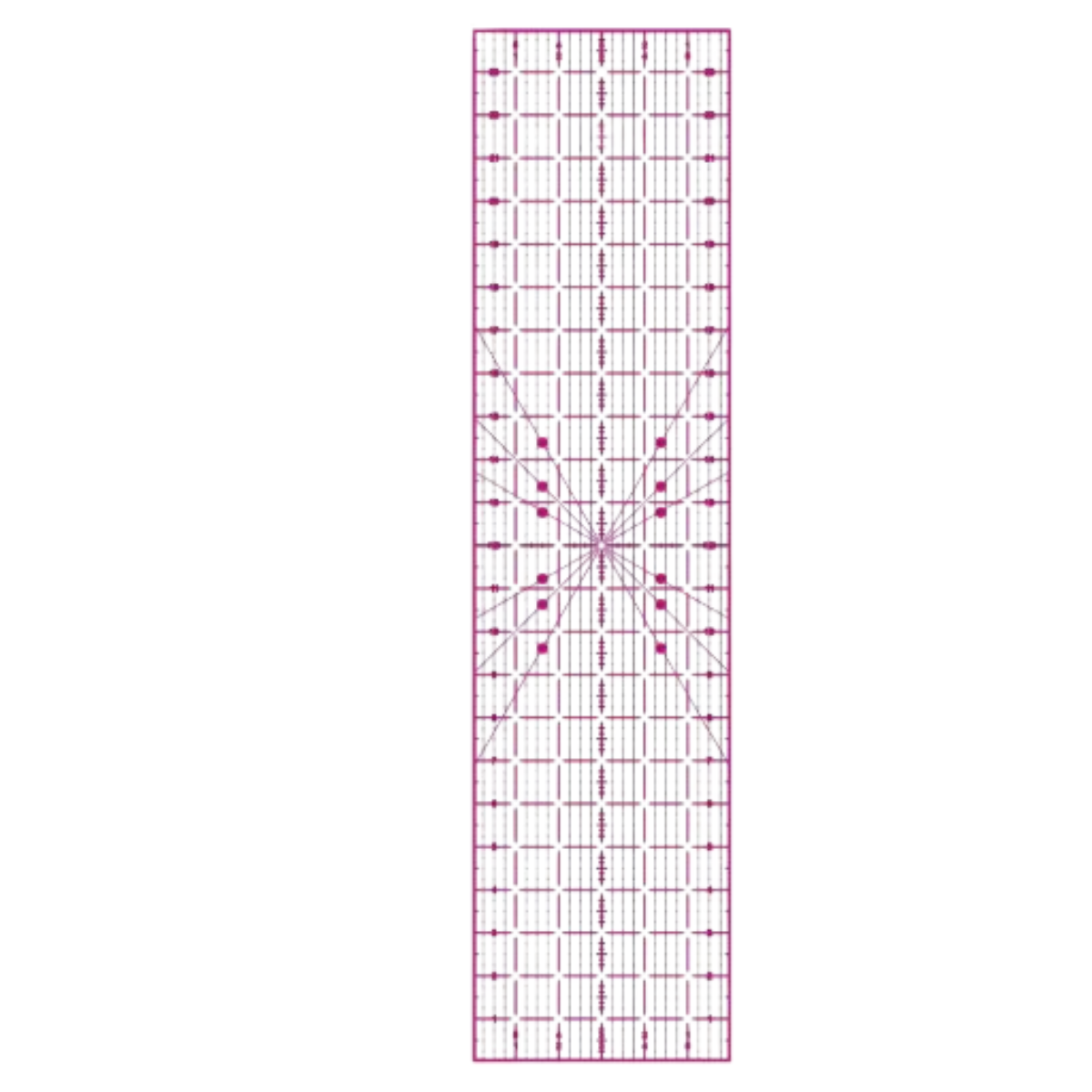 The 6" x 24" Inch Quilting Ruler is a clear rectangular tool with precise grid and purple diagonal markings, ideal for accurately measuring and cutting fabric for sewing crafts.