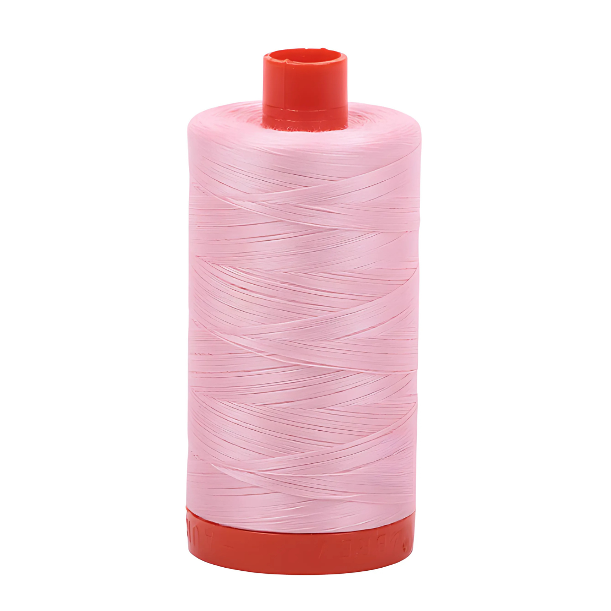 A spool of 50wt Aurifil 1422yd Pink 2423 100% cotton thread stands upright, featuring a light pink color and red plastic base and top, set against a white background.