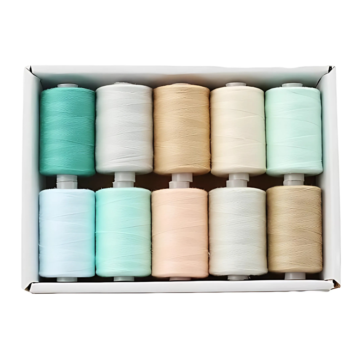 The 30wt 1000yd Pastel Shades - 100% Polyester Thread 10 Pack includes ten spools in soft pastel tones, ideal for embroidery and quilting, neatly arranged in two rows of five on a white background.