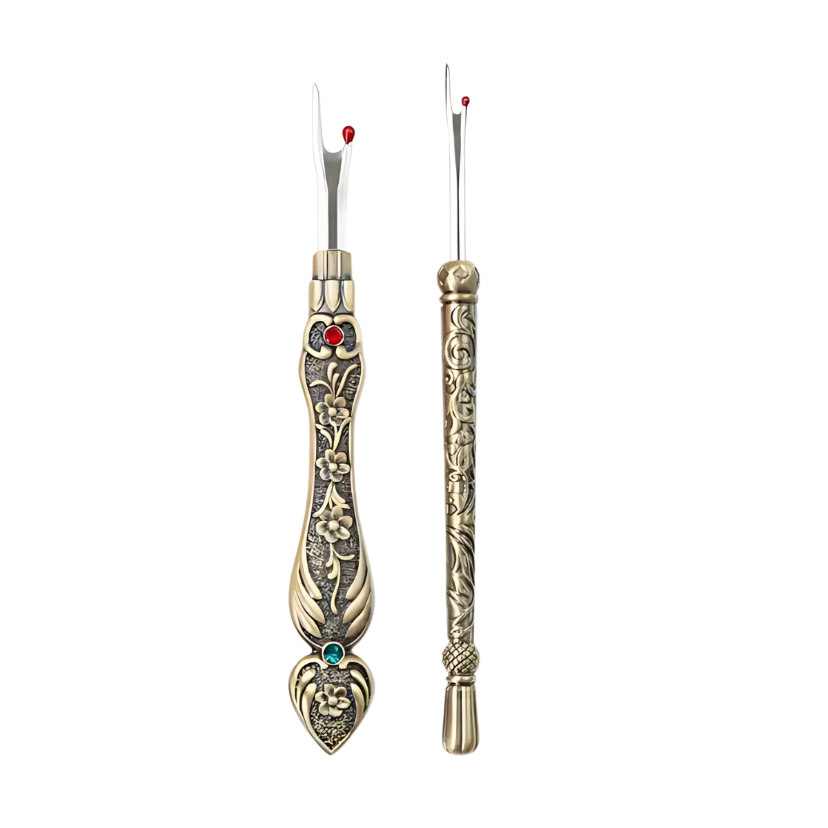 The Vintage Seam Ripper Set includes two ornate seam rippers with gold-toned handles and red-tipped blades, displayed against a white background.