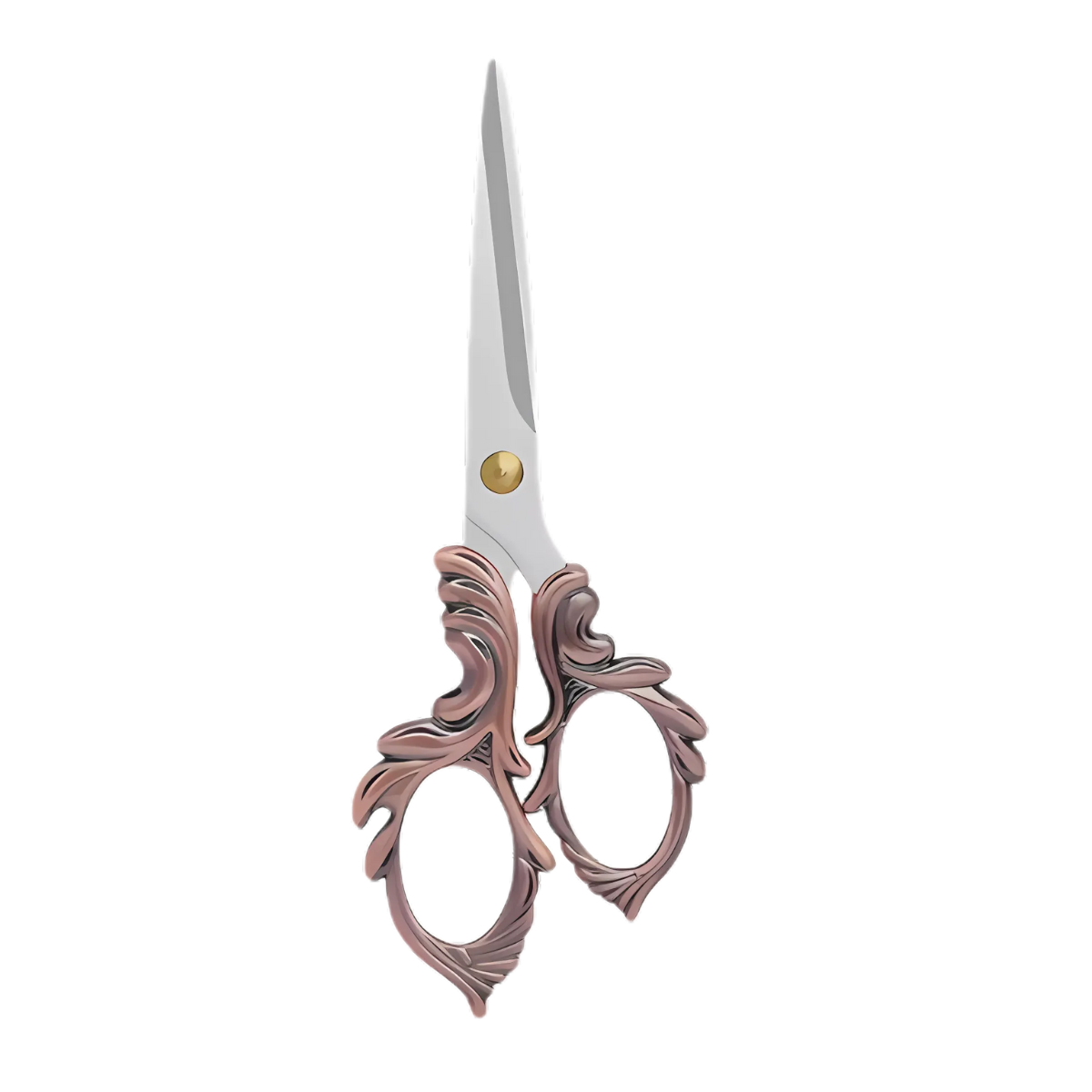 Embroidery Scissors in silver and bronze with ornate vintage-style handles and a sharp pointed blade, ideal for embroidery or quilting projects, displayed on a white background.