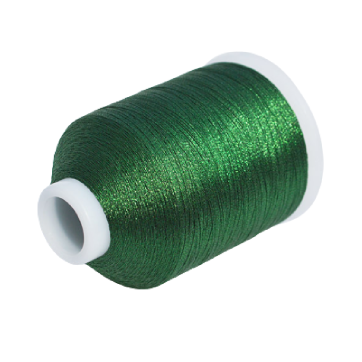 A spool of 50wt 1093yd green 100% polyester thread with white plastic ends lies on its side against a plain white background.