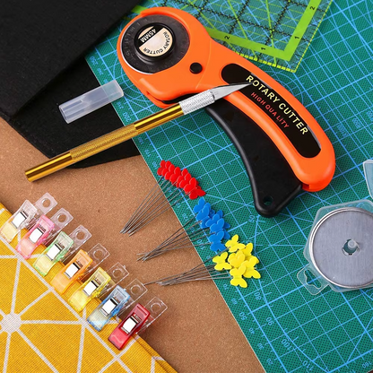 The 97-Piece Quilting Kit: Perfect for Beginners includes essential tools like a fabric cutter, craft knife, clips, pins, needles, measuring tape, and ruler—everything you need to start your quilting projects with ease.