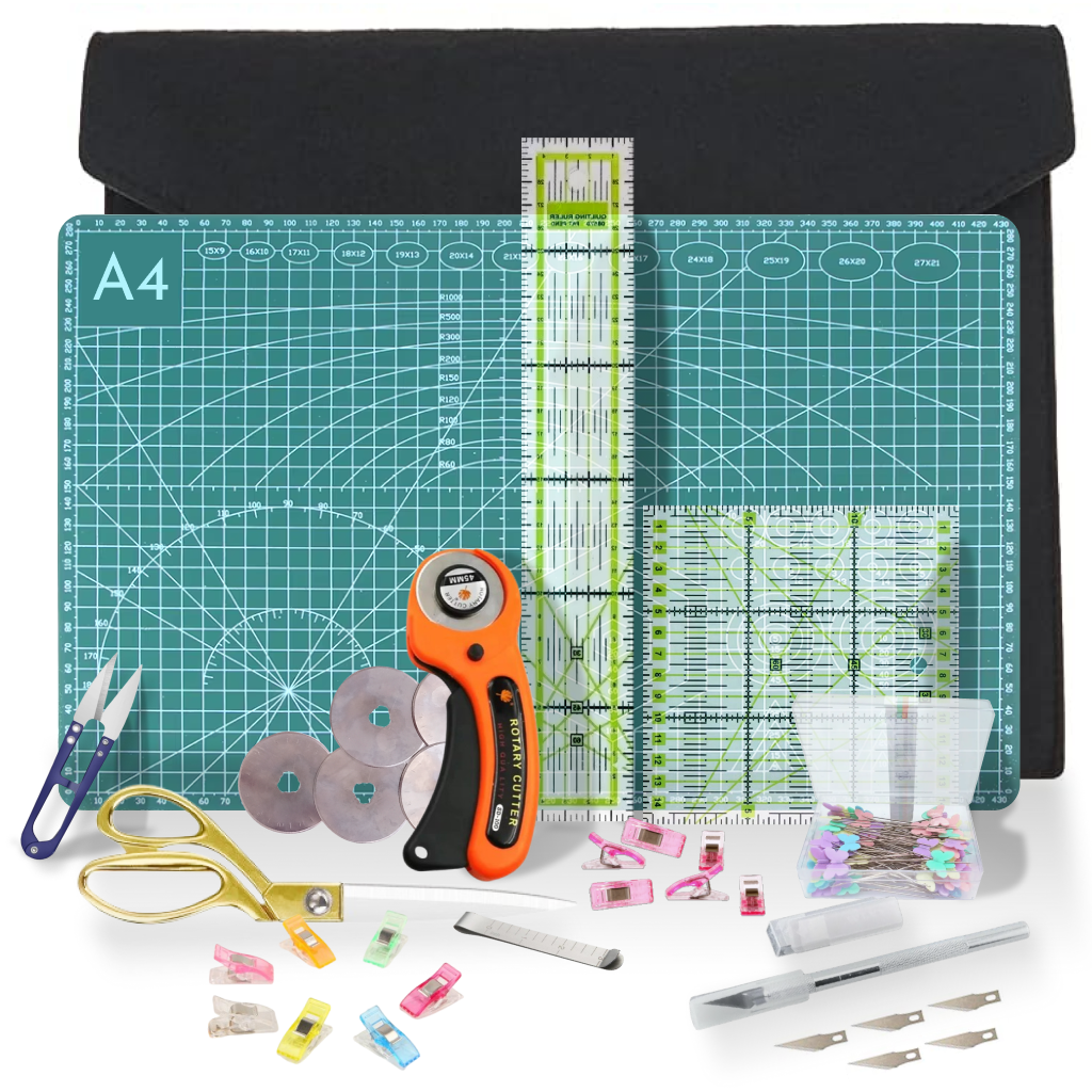 The 97-Piece Quilting Kit: Perfect for Beginners includes a cutting mat, rotary fabric cutter, rulers, scissors, clips, blades, and a black carrying case—all displayed on a white background.