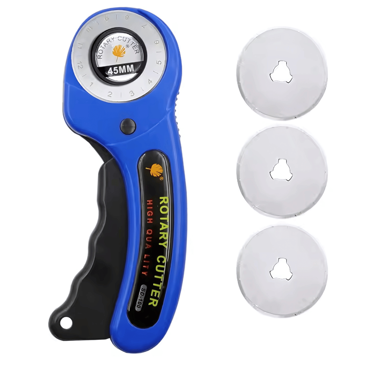 The 45mm Rotary Cutter with 3 Extra Blades is displayed, featuring a blue ergonomic handle and SKS-7 steel blades.
