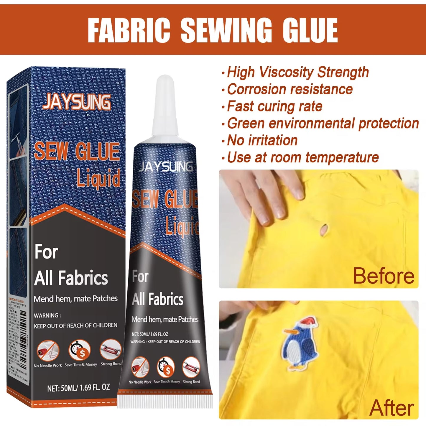 liquid sew glue features with before and after examples