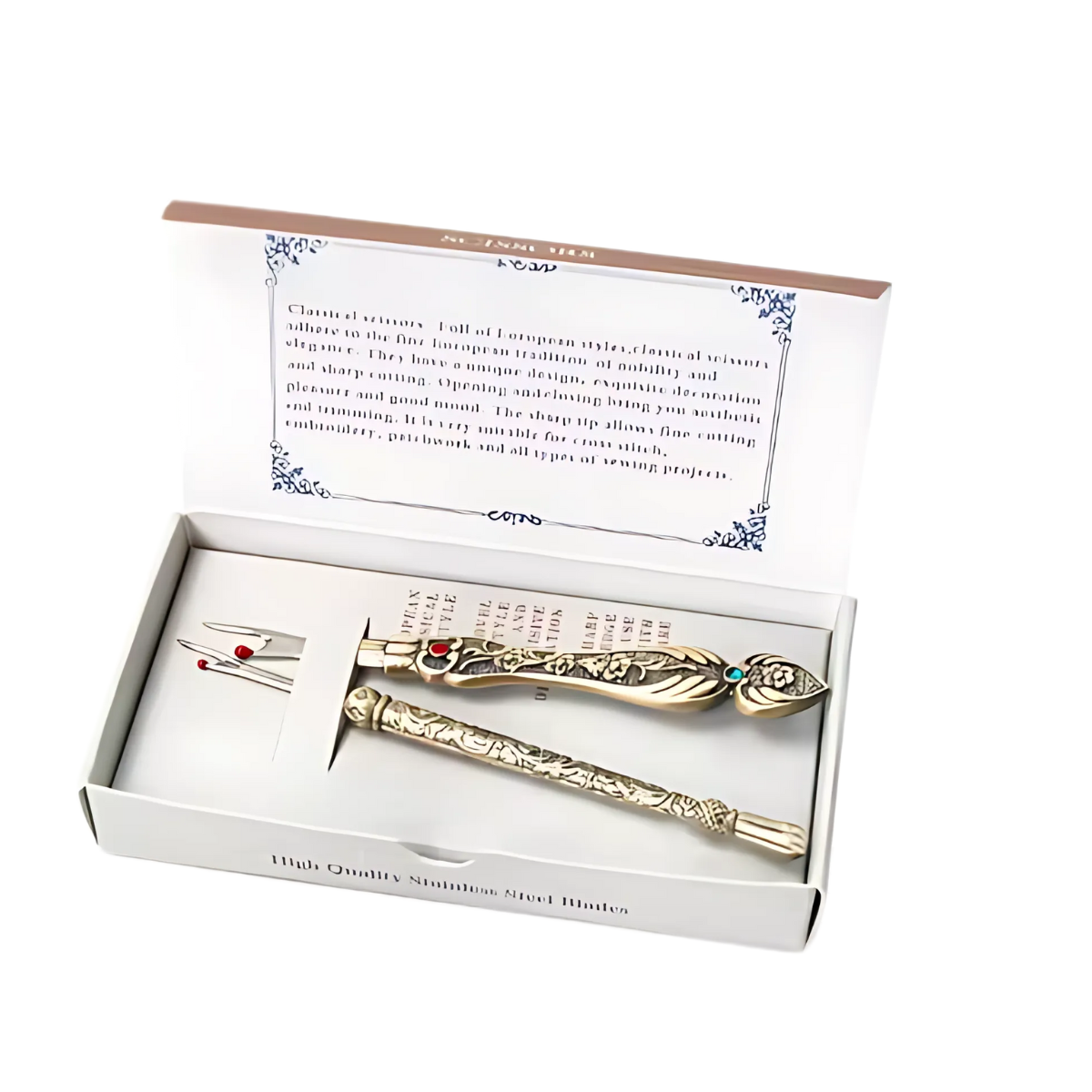 The Vintage Seam Ripper Set includes a gold-colored tool with ergonomic handle, a cleaning cloth, and an informational card, all presented in a white box labeled "High Quality Nib" for vintage charm.
