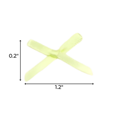 A pastel satin ribbon set, featuring light yellow X-shaped plastic pieces (0.2" tall, 1.2" wide), is ideal for crafts or pairing with quilting ribbons—shown with dimension arrows for easy crafting reference.