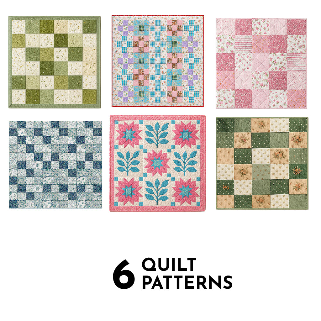 A Bundle of 6 Quilt Patterns featuring colorful square designs, arranged in two rows of three. Includes "6 Quilt Patterns" text below—perfect for beginners exploring new quilt designs.