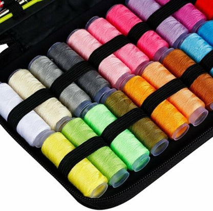 The Multi-Function Sewing Kit is a portable organizer with multiple colorful thread spools, neatly arranged in rows and secured by elastic bands.