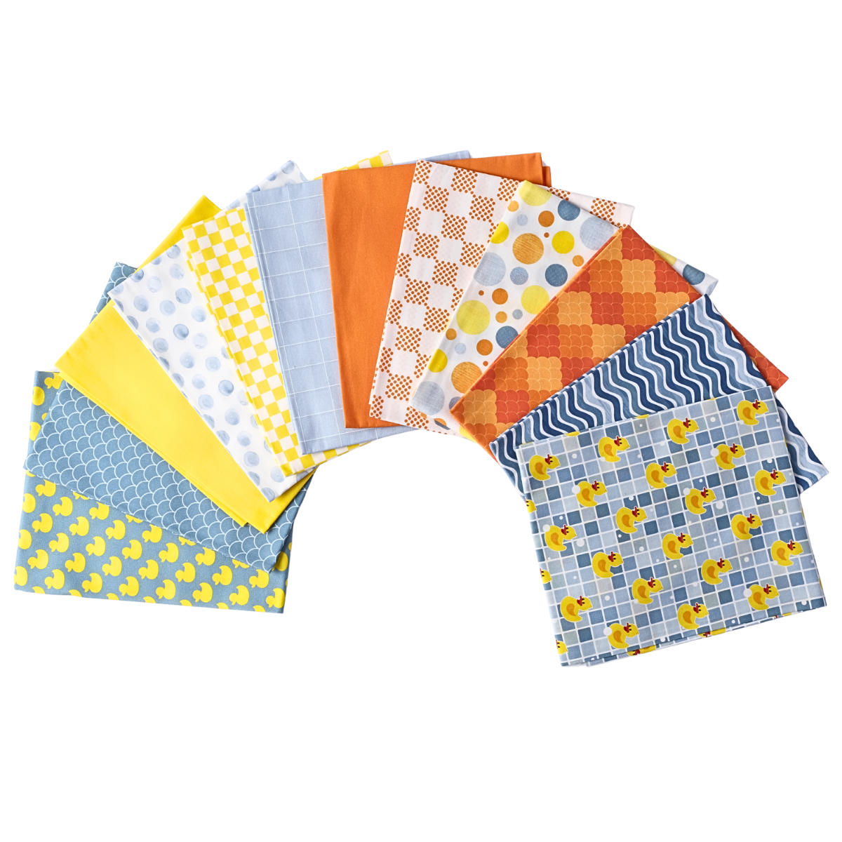 A fan arrangement of blue, yellow, orange, and white patterned squares features playful duck prints and geometric designs from The Ducky Day - Fat Quarter Bundle, made with 100% cotton quilting fabric on a white background.