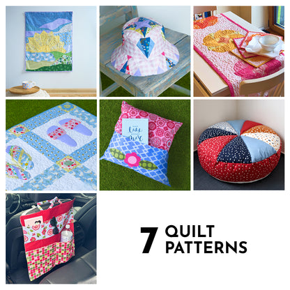 A collage displays Mrs. Quilty – Summer Bundle of 7 Quilted Patterns, featuring a wall hanging, sun hat, table runner, blanket, pillow, floor cushion, and car organizer—perfect handmade home décor inspiration.