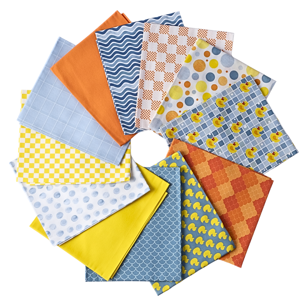 Twelve patterned squares from The Ducky Day - Fat Quarter Bundle are arranged in a circle, showcasing 100% cotton fabric with playful duck prints, dots, waves, checks, and scallops in blue, orange, and yellow hues.