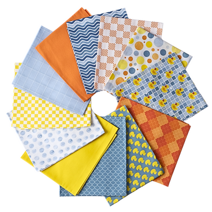 Twelve patterned squares from The Ducky Day - Fat Quarter Bundle are arranged in a circle, showcasing 100% cotton fabric with playful duck prints, dots, waves, checks, and scallops in blue, orange, and yellow hues.