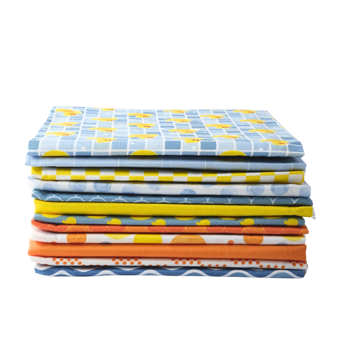 The Ducky Day - Fat Quarter Bundle features eight neatly folded fabric pieces with geometric patterns in blue, yellow, and orange, plus a playful duck print for a whimsical touch.
