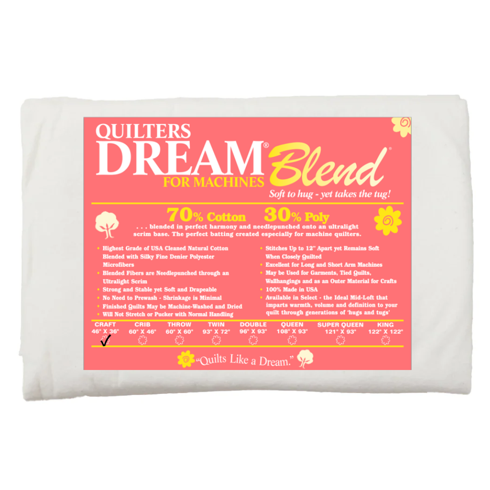 A 46" x 36" Mid Loft Quilter’s Dream batting for machines with a 70% cotton, 30% poly blend is shown; the pink and yellow label displays features and size options.