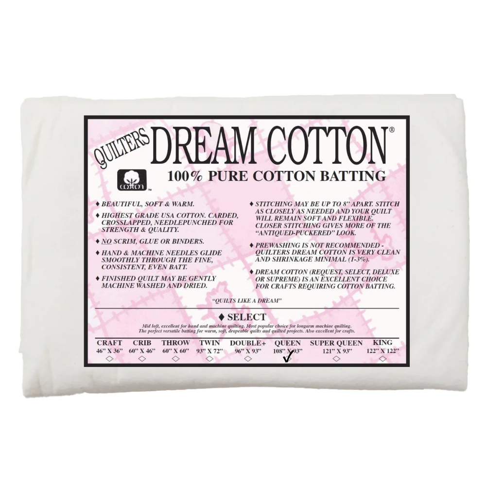 A 108” x 93” Mid Loft Quilter's Dream batting, made from 100% cotton, with features and sizes on the label—perfect for quilting projects.