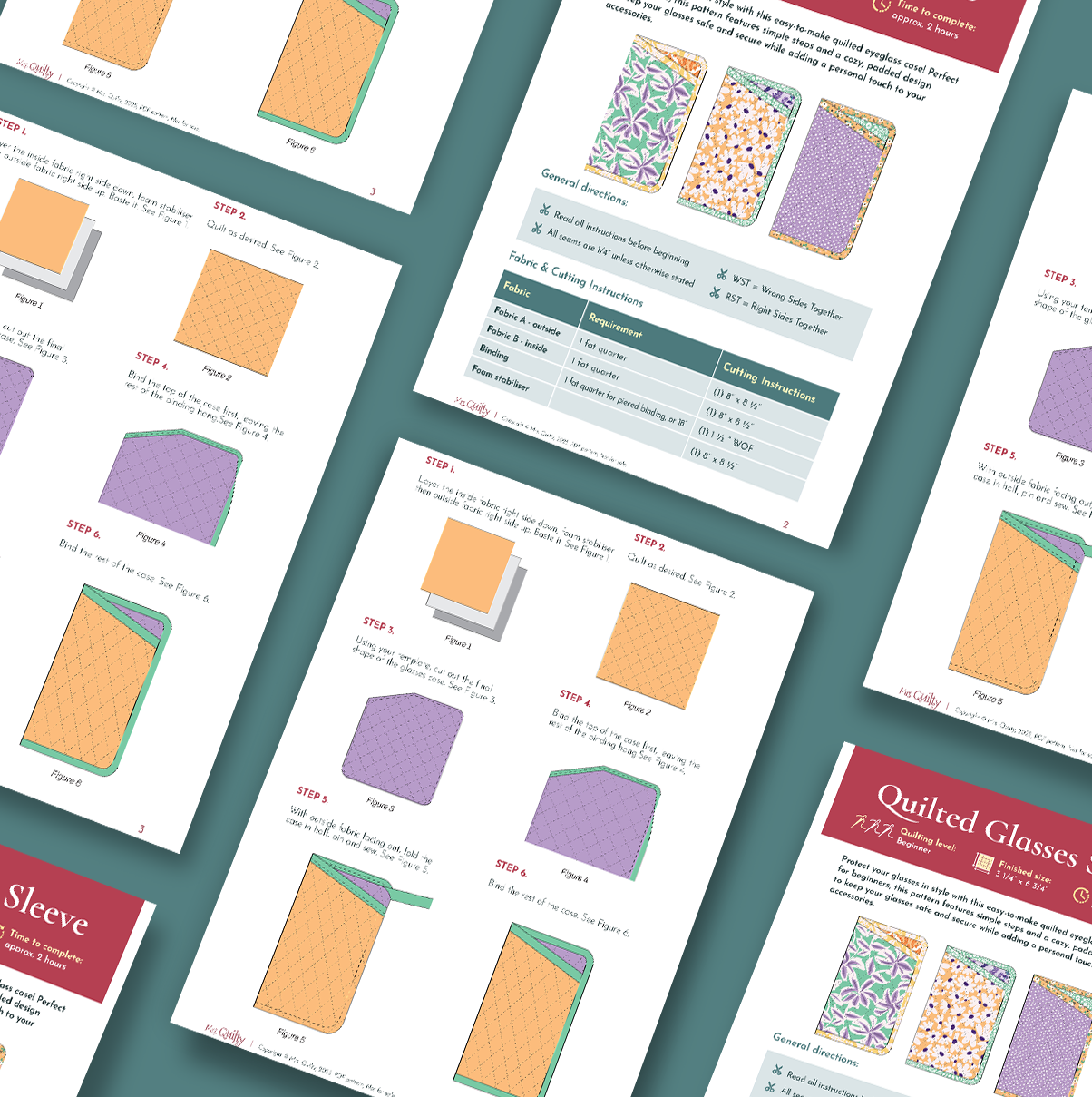 The Quilted Glasses Sleeve Downloadable PDF Quilt Pattern features step-by-step illustrated guides and tables for sewing a quilted glasses case, all set against a teal background.