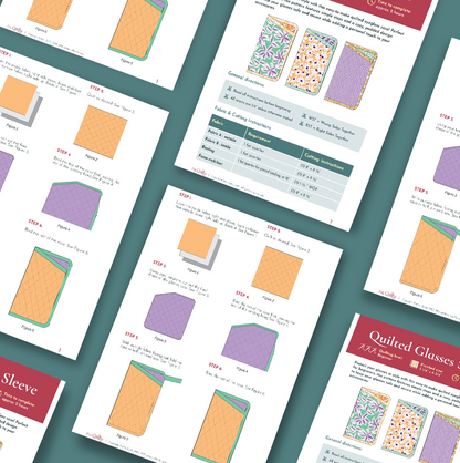 The Quilted Glasses Sleeve Downloadable PDF Quilt Pattern features step-by-step illustrated guides and tables for sewing a quilted glasses case, all set against a teal background.