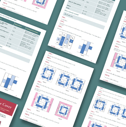 Several pages of step-by-step instructions and diagrams for the Intertwined Pillow Case Downloadable PDF Quilt Pattern are displayed on a teal surface, showing assembly or folding processes for this intermediate design.