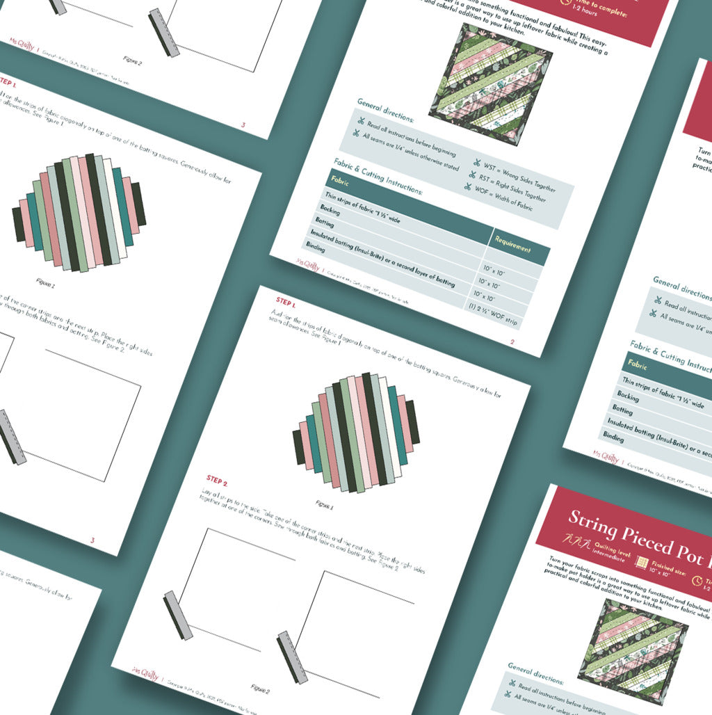 Flat lay of multiple pages from the String Pieced Pot Holder Downloadable PDF Quilt Pattern, showing diagrams, fabric instructions, tables, and step-by-step guidance for intermediate quilters on a teal background.
