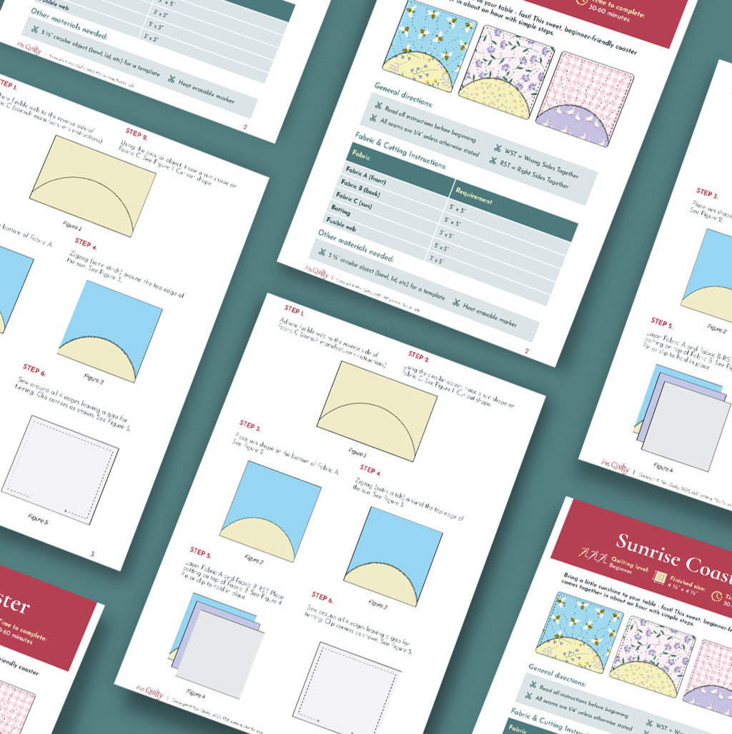 Overlapping instruction sheets for the Sunrise Coaster Downloadable PDF Quilt Pattern display diagrams, charts, and sewing steps, all arranged on a teal surface.