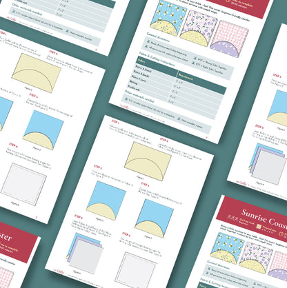 Overlapping instruction sheets for the Sunrise Coaster Downloadable PDF Quilt Pattern display diagrams, charts, and sewing steps, all arranged on a teal surface.