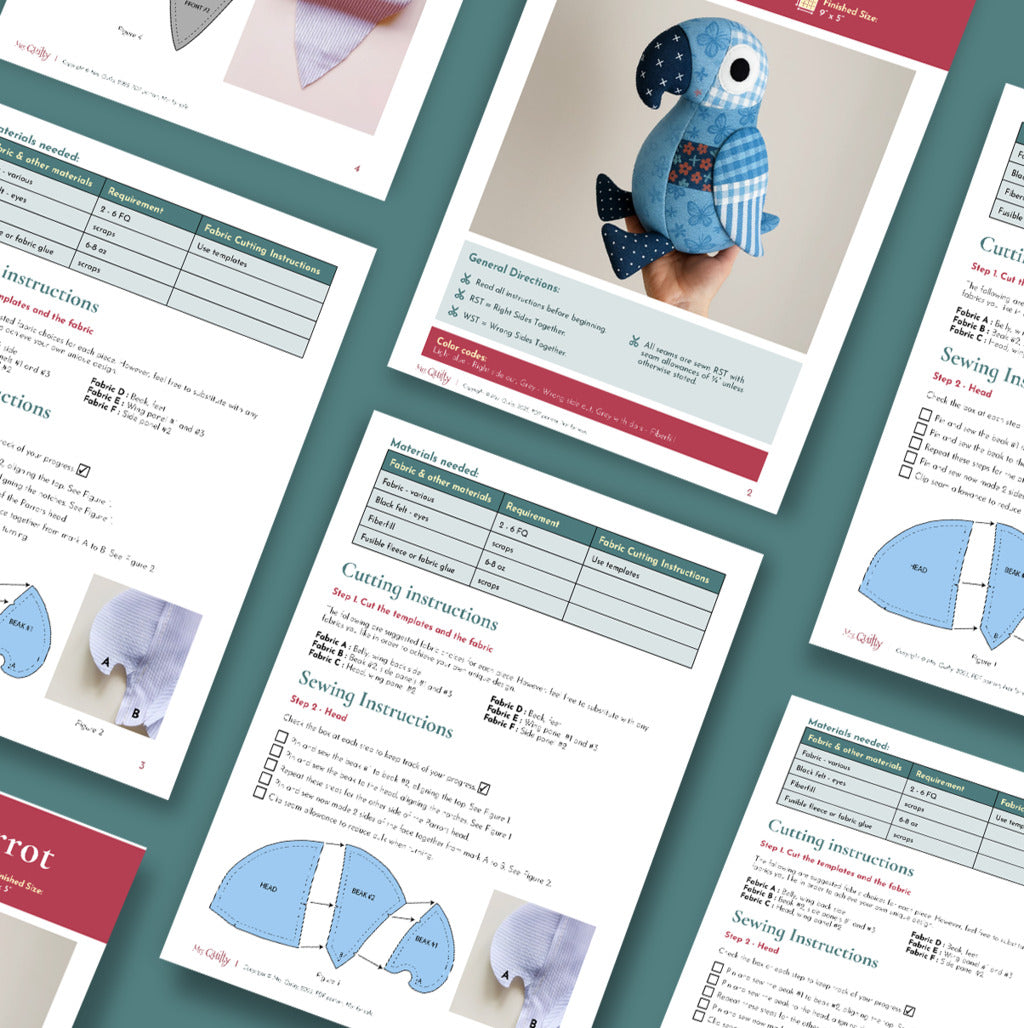 Pip the Parrot Downloadable PDF Quilt Pattern includes templates, materials list, and sewing instructions for a colorful parrot plush toy—perfect for quilting enthusiasts. Displayed on a blue background.