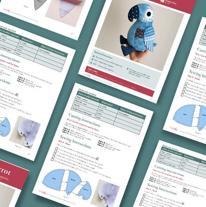 Pip the Parrot Downloadable PDF Quilt Pattern includes templates, materials list, and sewing instructions for a colorful parrot plush toy—perfect for quilting enthusiasts. Displayed on a blue background.