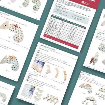 Several instruction sheets with diagrams, patterns, and checklists show steps for making Chichi the Chameleon using the downloadable PDF quilt pattern—ideal inspiration for your next colorful quilting project.