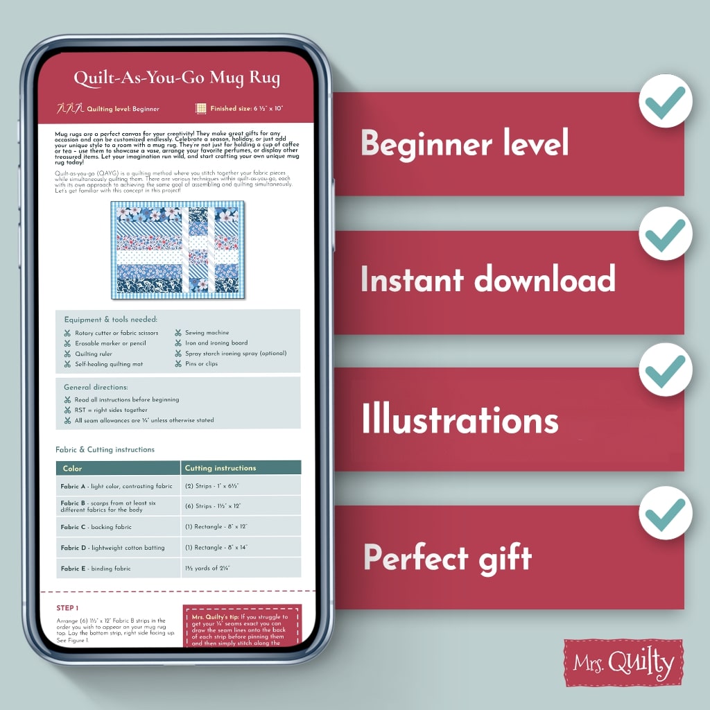 Quilt-As-You-Go Mug Rug Downloadable PDF Quilt Pattern