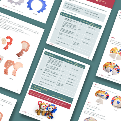 Overhead view of Roary the Lion/Lioness downloadable PDF quilt pattern instruction sheets with fabric requirements, diagrams, plushie photos, assembly steps, and wildlife quilting inspiration on a teal background.