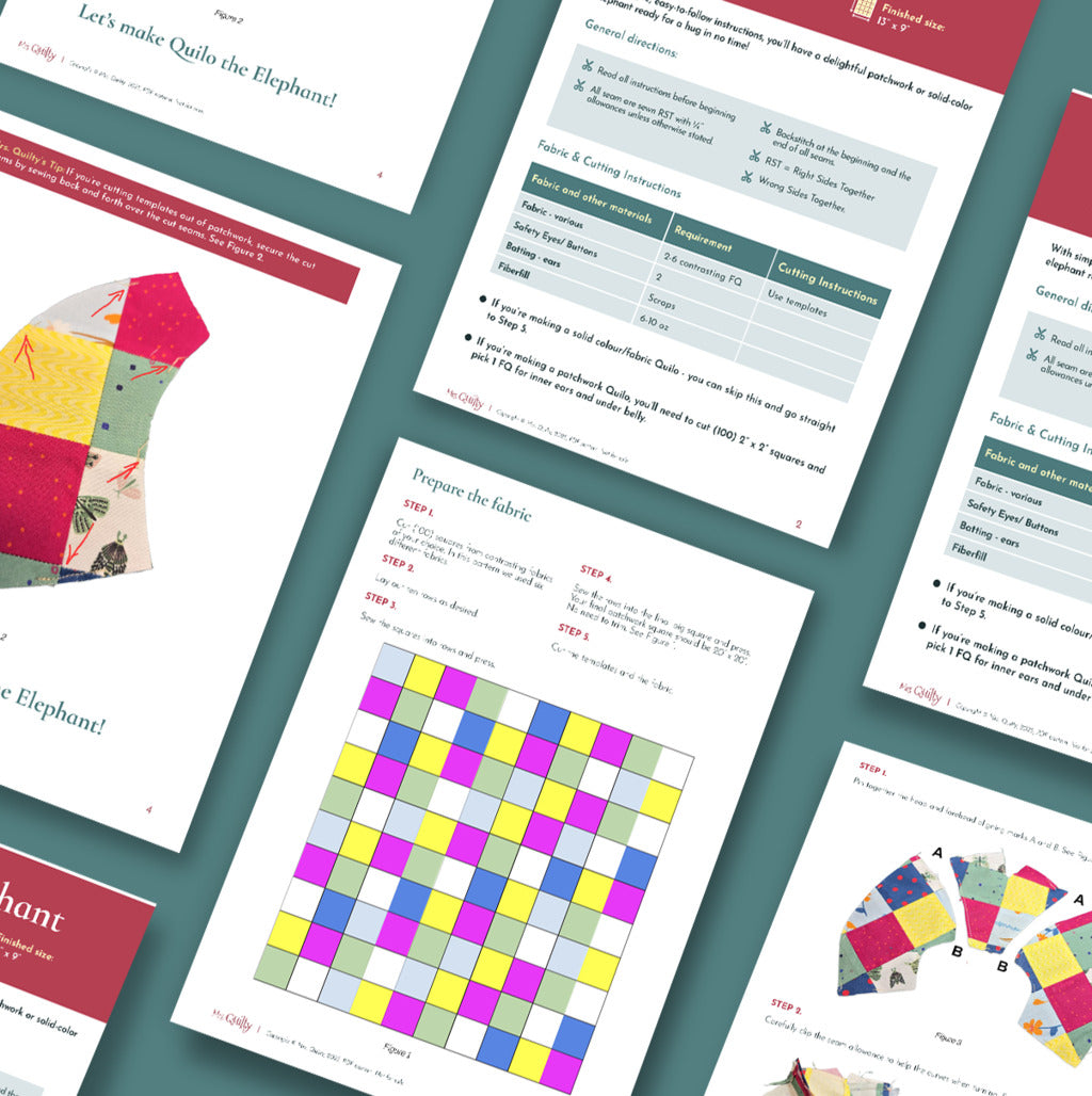 The Quilo the Elephant Downloadable PDF Quilt Pattern features instructional pages with diagrams, colorful patchwork designs, and step-by-step sewing guides—perfect inspiration for your next handmade gift.