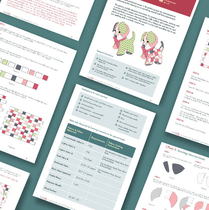 Paisley the Puppy Downloadable PDF Quilt Pattern instruction sheets with diagrams, fabric charts, and step-by-step directions—ideal for quilting or a dog-themed sewing project—arranged on a teal surface.