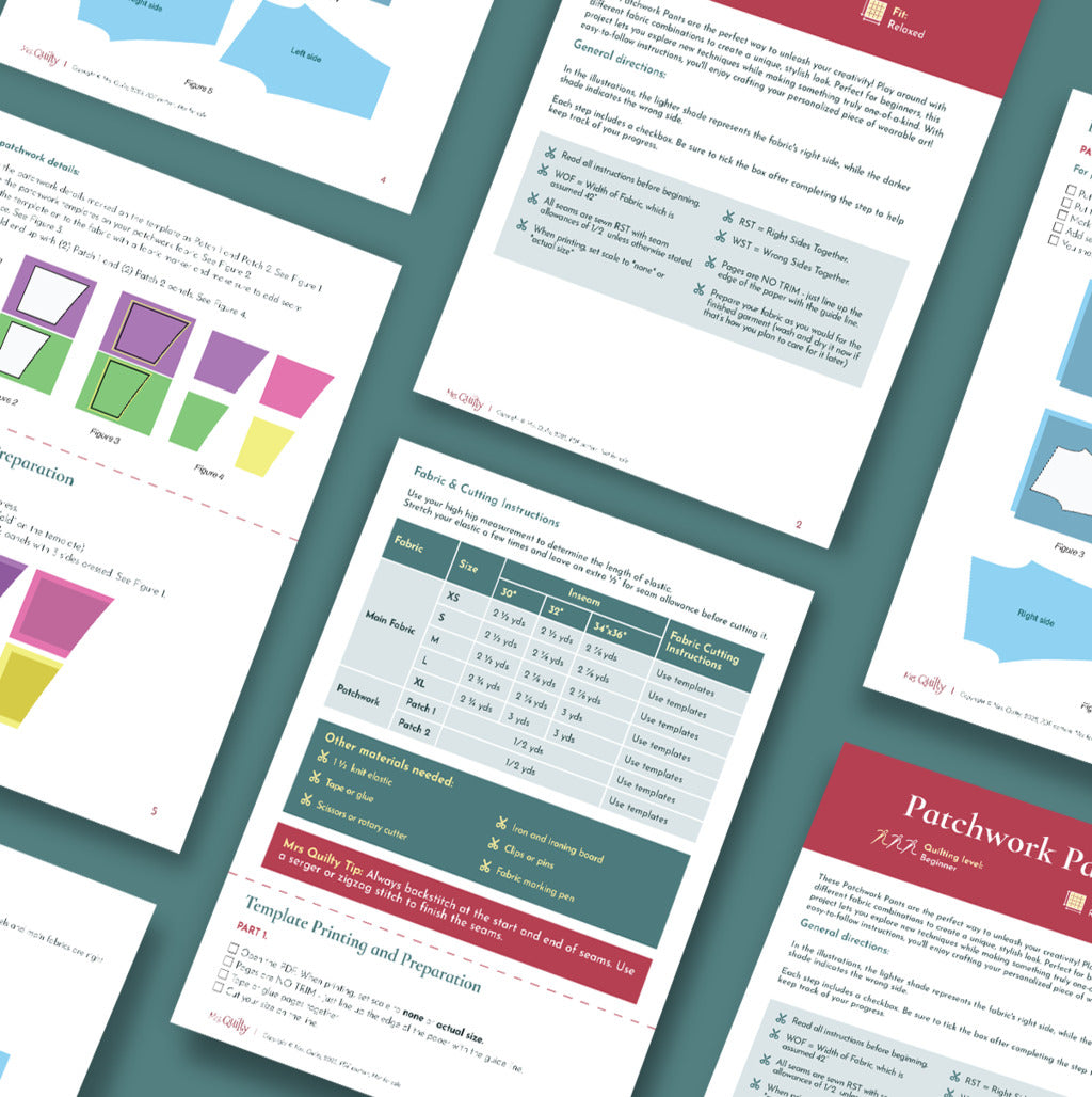 Several instructional pages from the Patchwork Pants Downloadable PDF Quilt Pattern, featuring charts, diagrams, and fabric cutting guides, are arranged diagonally on a blue background—perfect for your patchwork pants or quilting project.