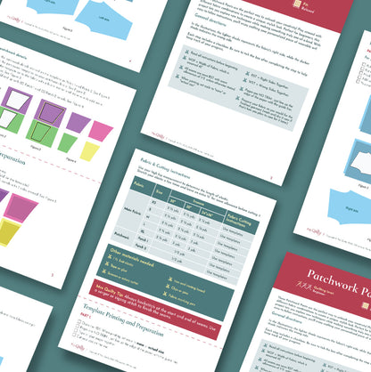 Several instructional pages from the Patchwork Pants Downloadable PDF Quilt Pattern, featuring charts, diagrams, and fabric cutting guides, are arranged diagonally on a blue background—perfect for your patchwork pants or quilting project.