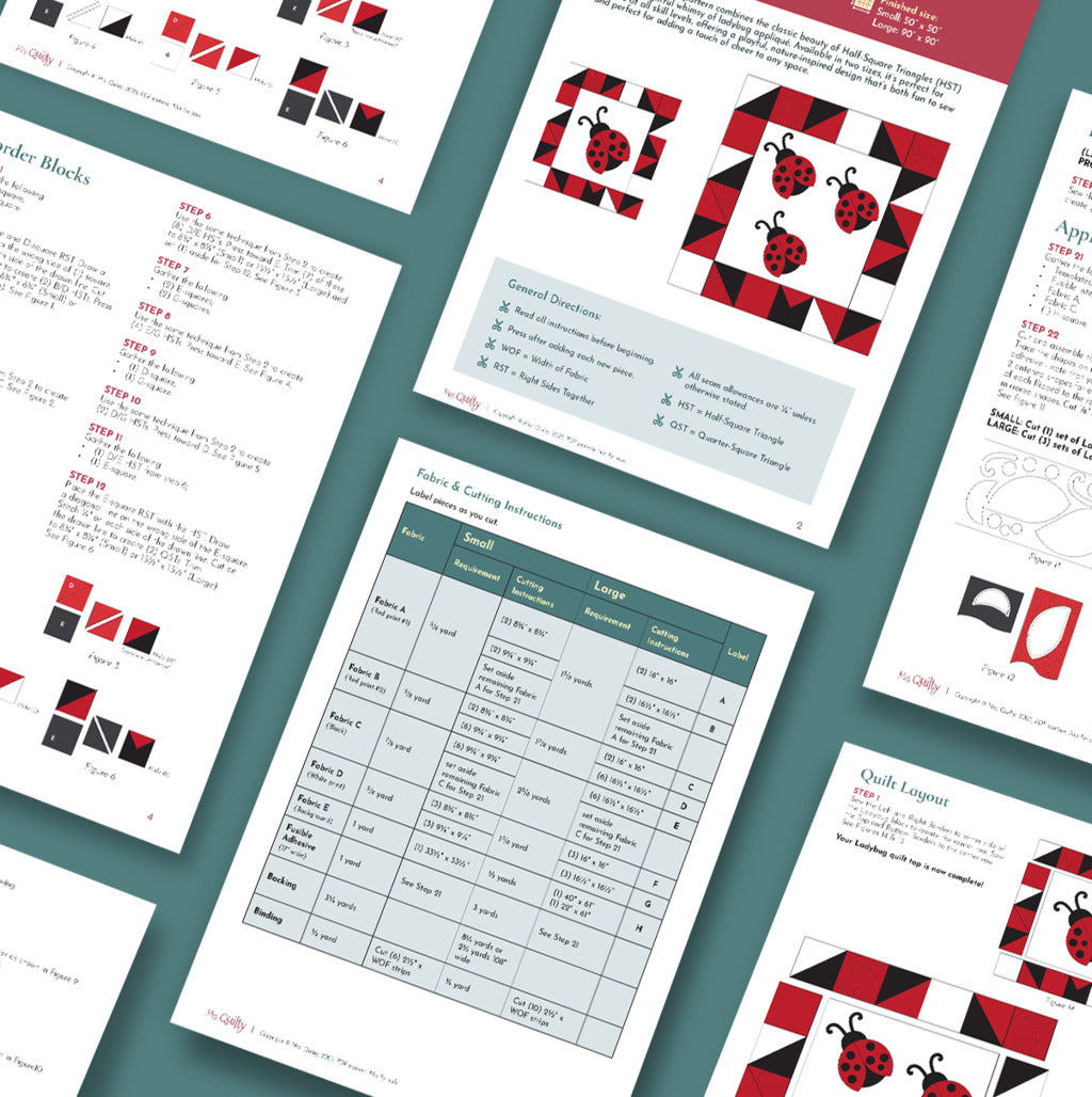 Overhead view of the Ladybug Downloadable PDF Quilt Pattern, featuring diagrams, cutting guides, step-by-step directions, and illustrations for creating a charming intermediate nature-inspired ladybug quilt block.