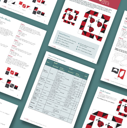 Overhead view of the Ladybug Downloadable PDF Quilt Pattern, featuring diagrams, cutting guides, step-by-step directions, and illustrations for creating a charming intermediate nature-inspired ladybug quilt block.