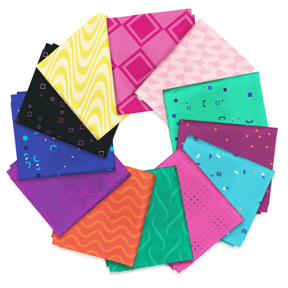 The Modern Mosaic Fat Quarter Bundle features 12 colorful, patterned fabric squares in a circular arrangement—each with unique geometric or abstract designs—ideal for displaying contemporary and vibrant quilting cottons.