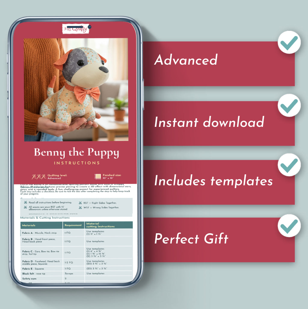 Smartphone displaying "Benny the Puppy Downloadable PDF Quilt Pattern"—advanced quilting instructions, instant download, included templates. A perfect gift for anyone wanting a cute puppy quilt design.