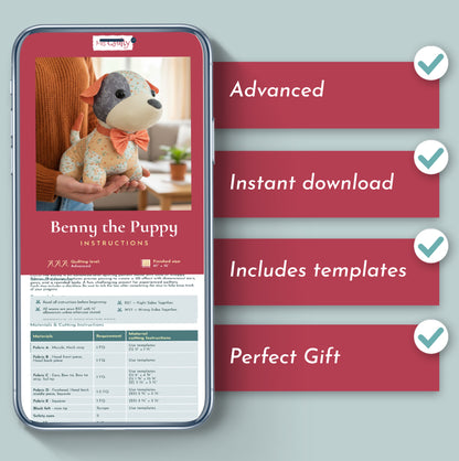 Smartphone displaying "Benny the Puppy Downloadable PDF Quilt Pattern"—advanced quilting instructions, instant download, included templates. A perfect gift for anyone wanting a cute puppy quilt design.