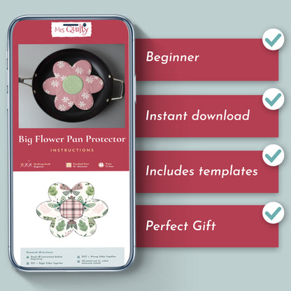The "Big Flower Pan Protector Downloadable PDF Quilt Pattern" offers a beginner-friendly quilting project with templates and instructions. Key features: quilt protector, instant PDF download, included templates, and perfect as a gift.