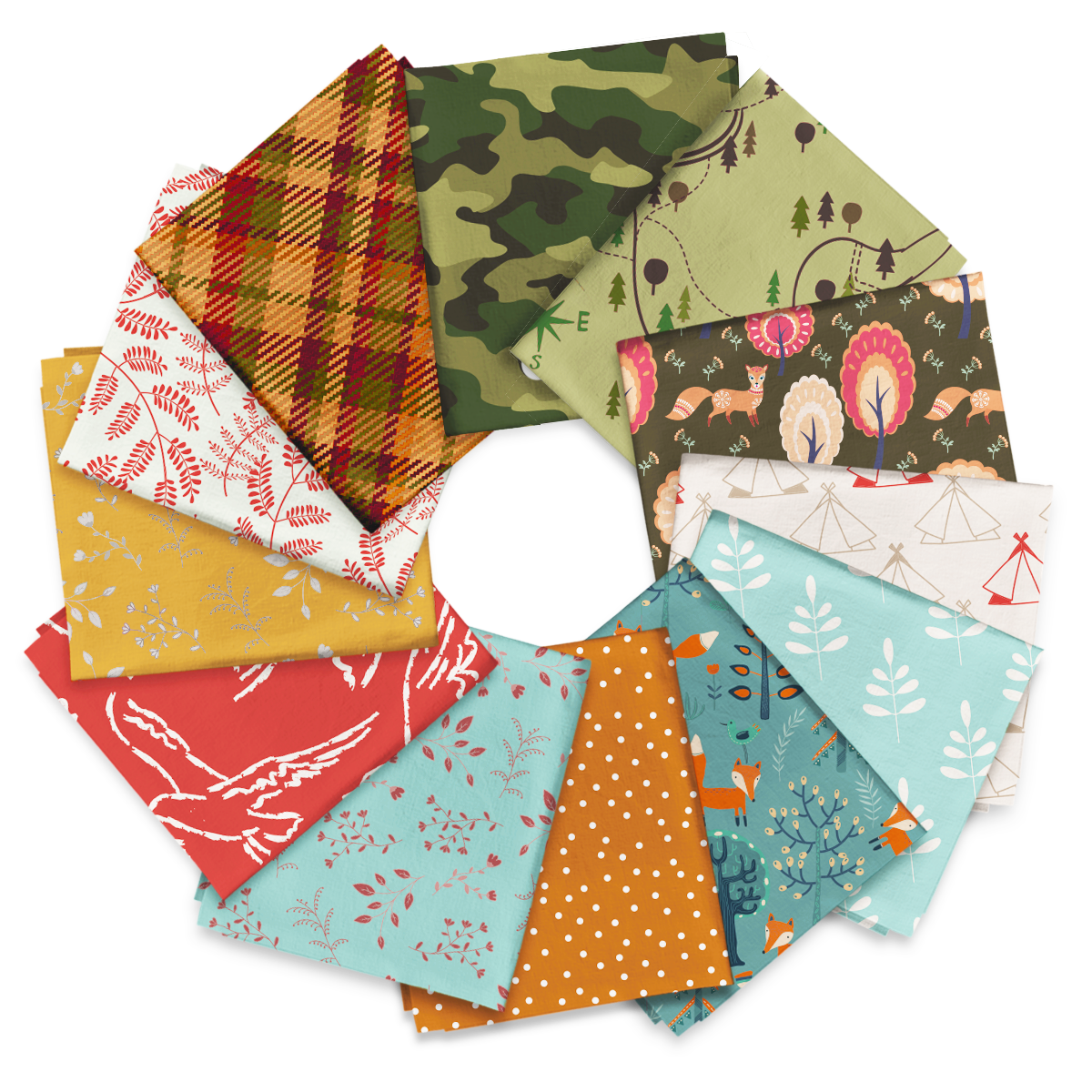Twelve folded fabric squares from the Outdoor Adventures Vol 2 - Fat Quarter Bundle, showcasing plaid, camouflage, leaves, trees, deer, tents, and polka dots prints, are arranged in a circle on a white background.