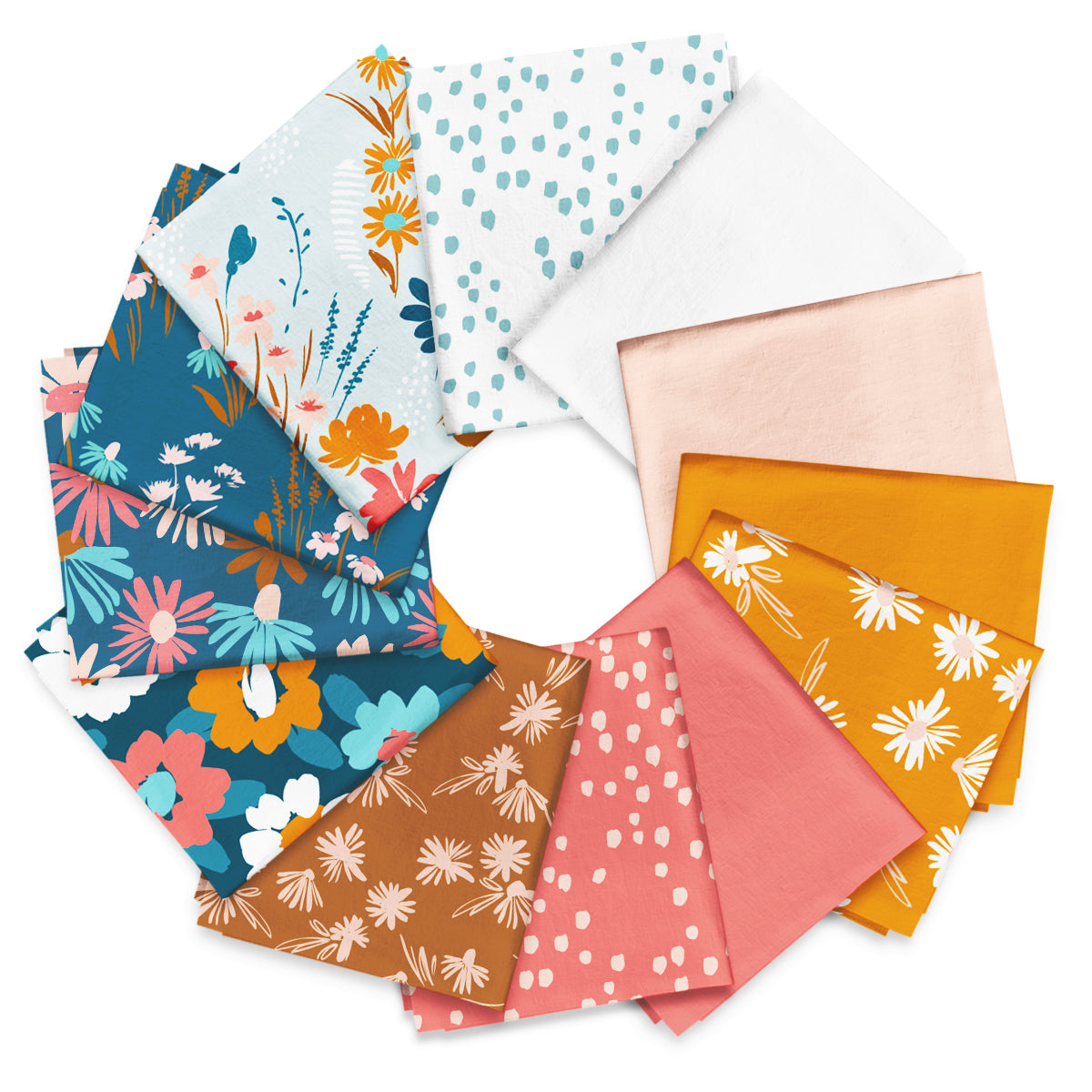 The Wildflower Whimsy - Fat Quarter Bundle features twelve folded quilting cotton squares in assorted floral and dotted patterns with colors like blue, orange, pink, brown, and white arranged in a circle.