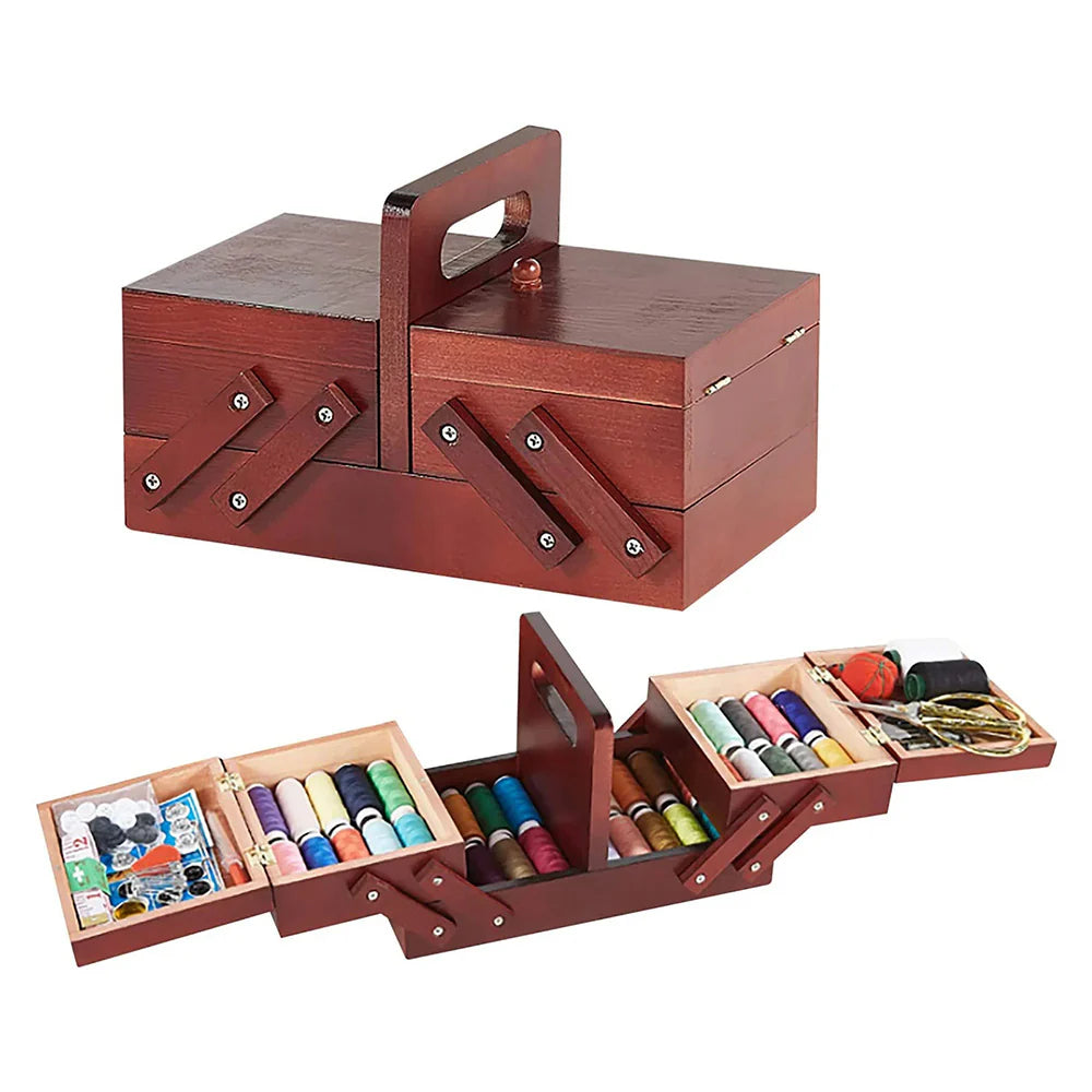 Images54 showcases a handcrafted Wooden Sewing Box with Handle made from pinewood. The open view reveals multiple compartments ideal for organizing sewing supplies such as threads and scissors.
