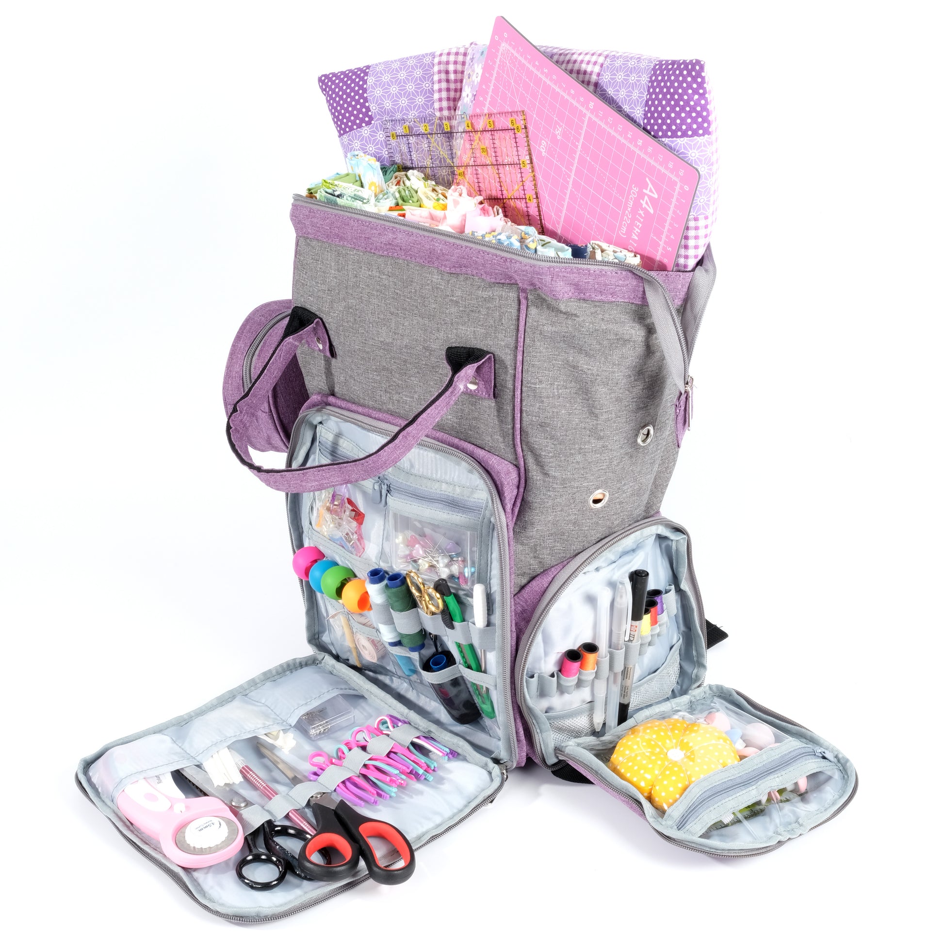 The Wooden Sewing Box with Handle (Images54) is an ideal sewing supplies storage solution, featuring a design that emulates a gray craft organizer bag with purple accents. It offers numerous pockets and open compartments for easy access to fabric, cutting mats, scissors, threads, and markers.