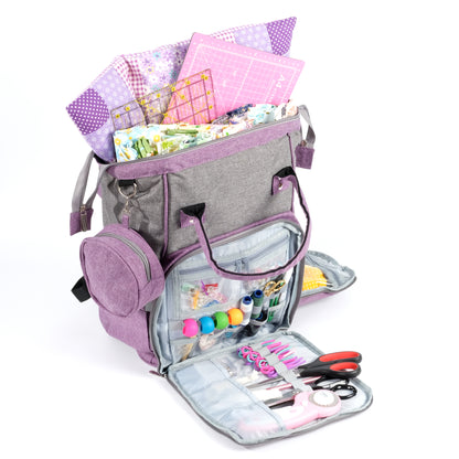 The Wooden Sewing Box with Handle (Images54) is a handcrafted pinewood craft bag, designed to elegantly display fabric, cutting mats, a ruler, thread, needles, scissors, and various sewing supplies in its open compartments.