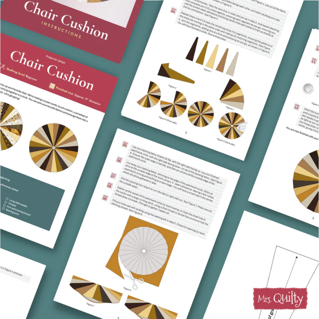 The Chair Cushion Downloadable PDF Quilt Pattern includes step-by-step printed instructions and diagrams, featuring gold, brown, and cream pattern illustrations with a charming Pinwheel design for stylish seating.
